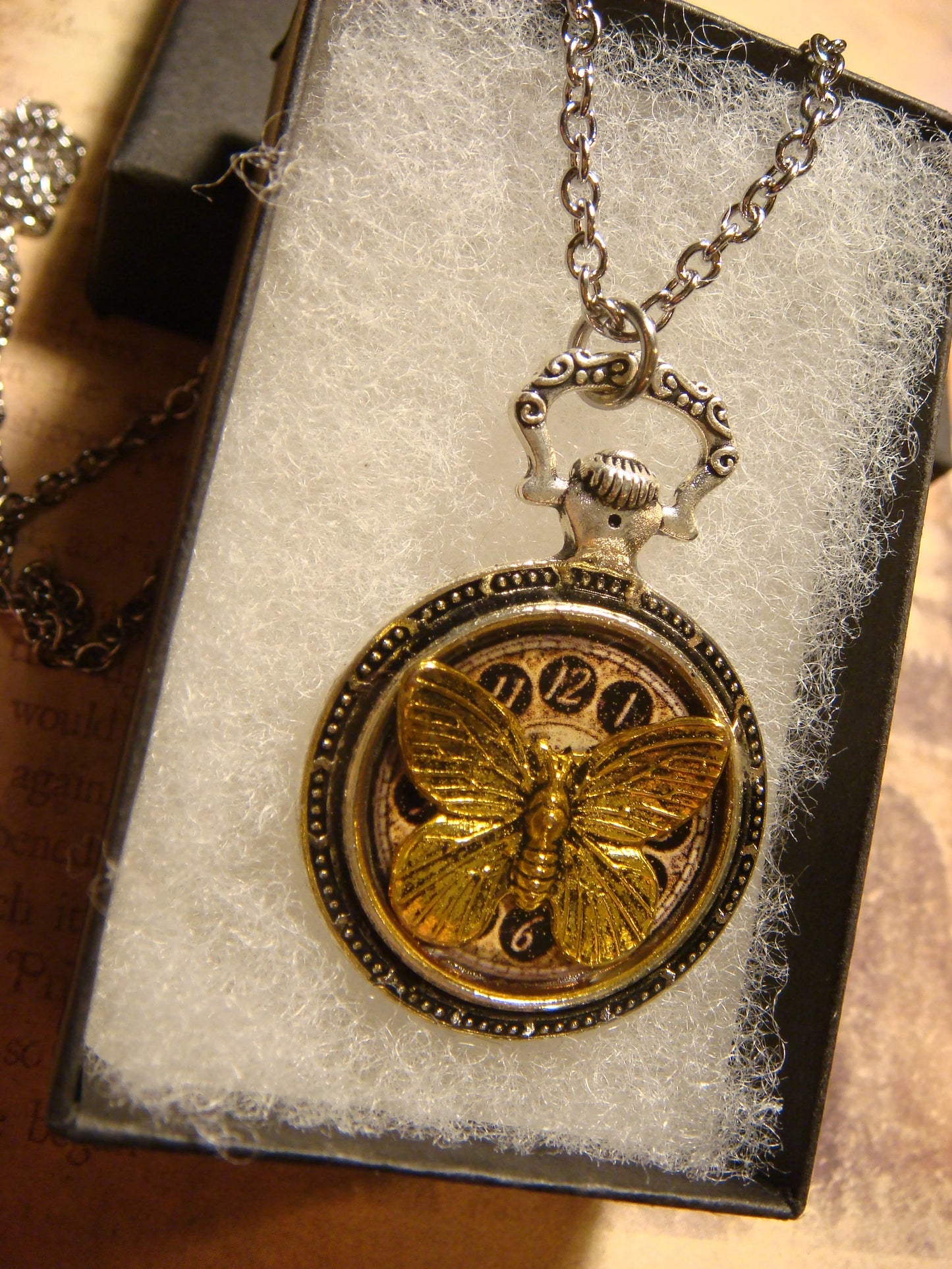 Butterfly over Clock Pocket Watch Pendant Necklace