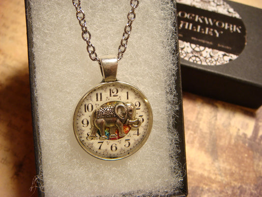 Elephant over Clock Small Pendant Necklace