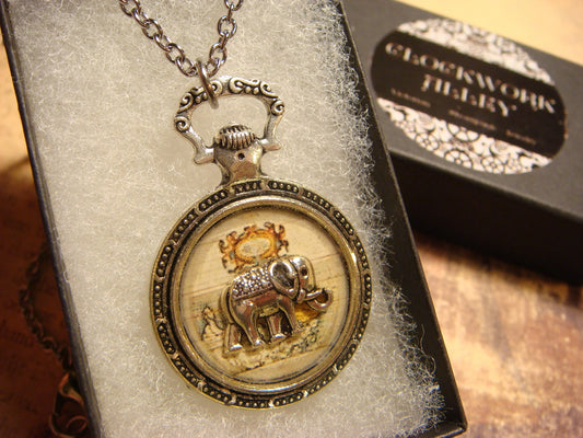 Elephant over Map Pocket Watch Pendant Necklace