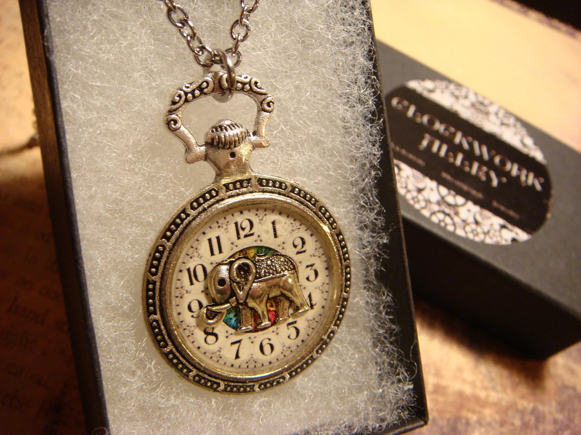 Elephant over Clock Pocket Watch Pendant Necklace Clockwork Alley