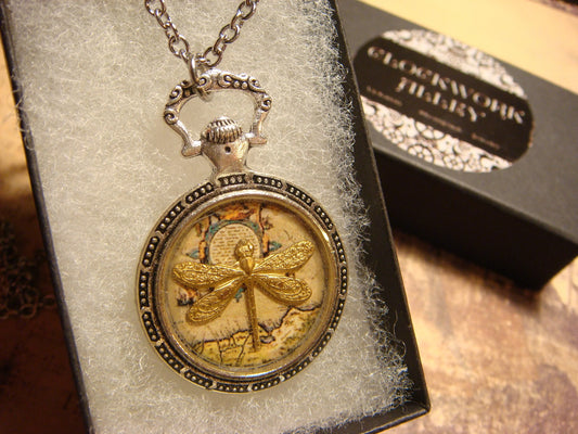 Dragonfly over Map Pocket Watch Pendant Necklace