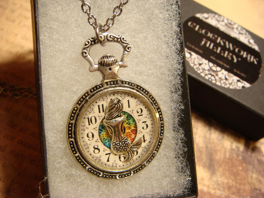 Mermaid over Clock Pocket Watch Pendant Necklace