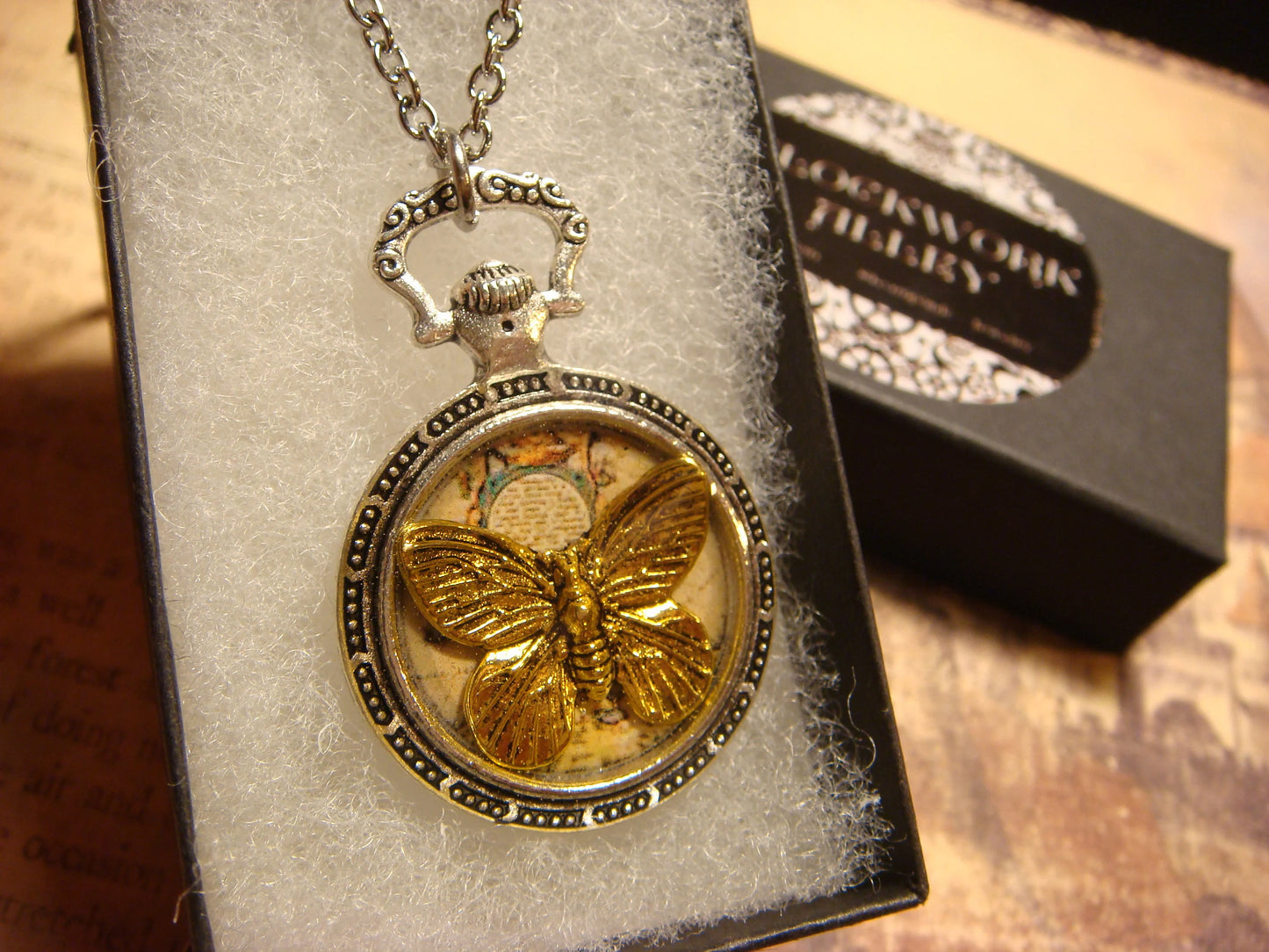 Butterfly over Map Pocket Watch Pendant Necklace