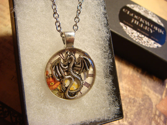 Dragon over Floral Clock Small Pendant Necklace