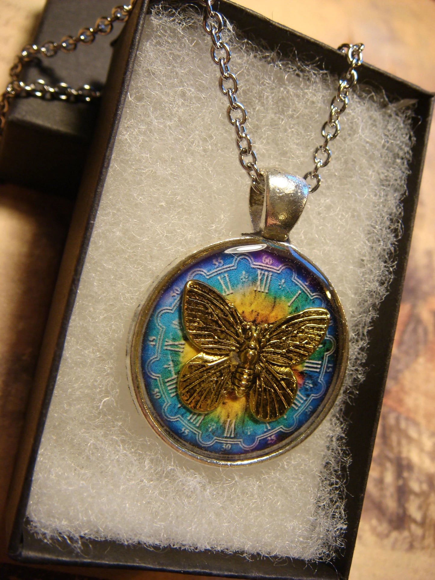 Butterfly over Colorful Clock Pendant Necklace