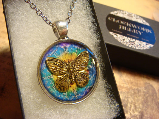 Butterfly over Colorful Clock Pendant Necklace