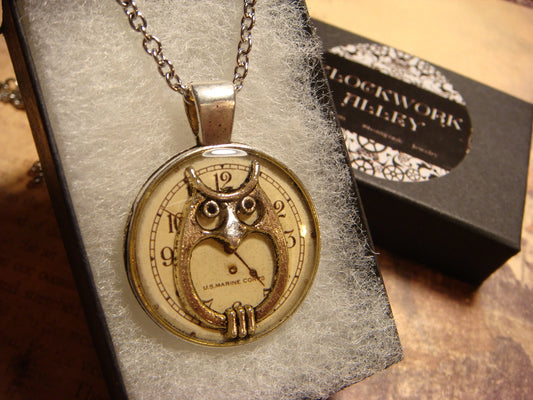 Owl over Clock Pendant Necklace