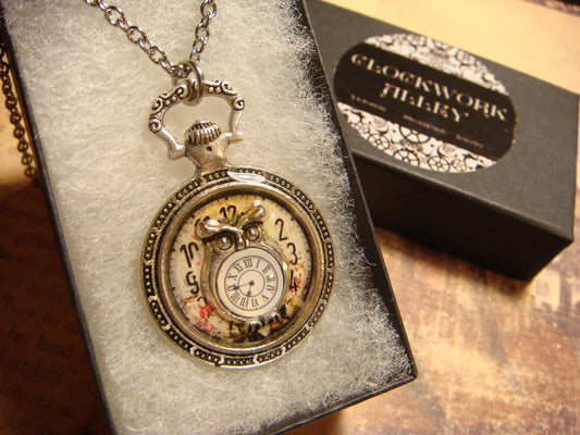 Owl with Clock over Floral Clock Pocket Watch Pendant Necklace