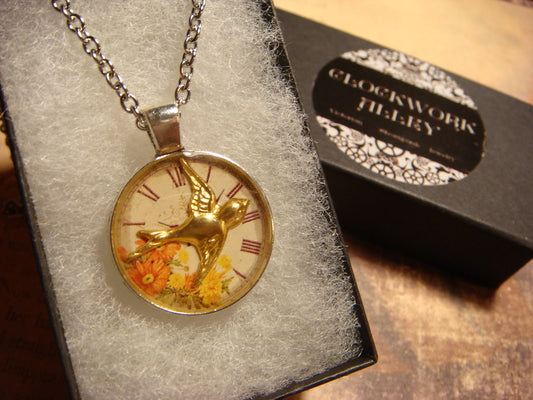 Sparrow over Floral Clock Small Pendant Necklace