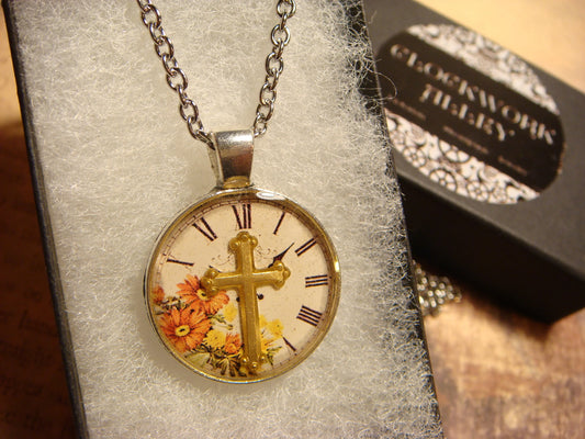 Cross over Floral Clock Small Pendant Necklace