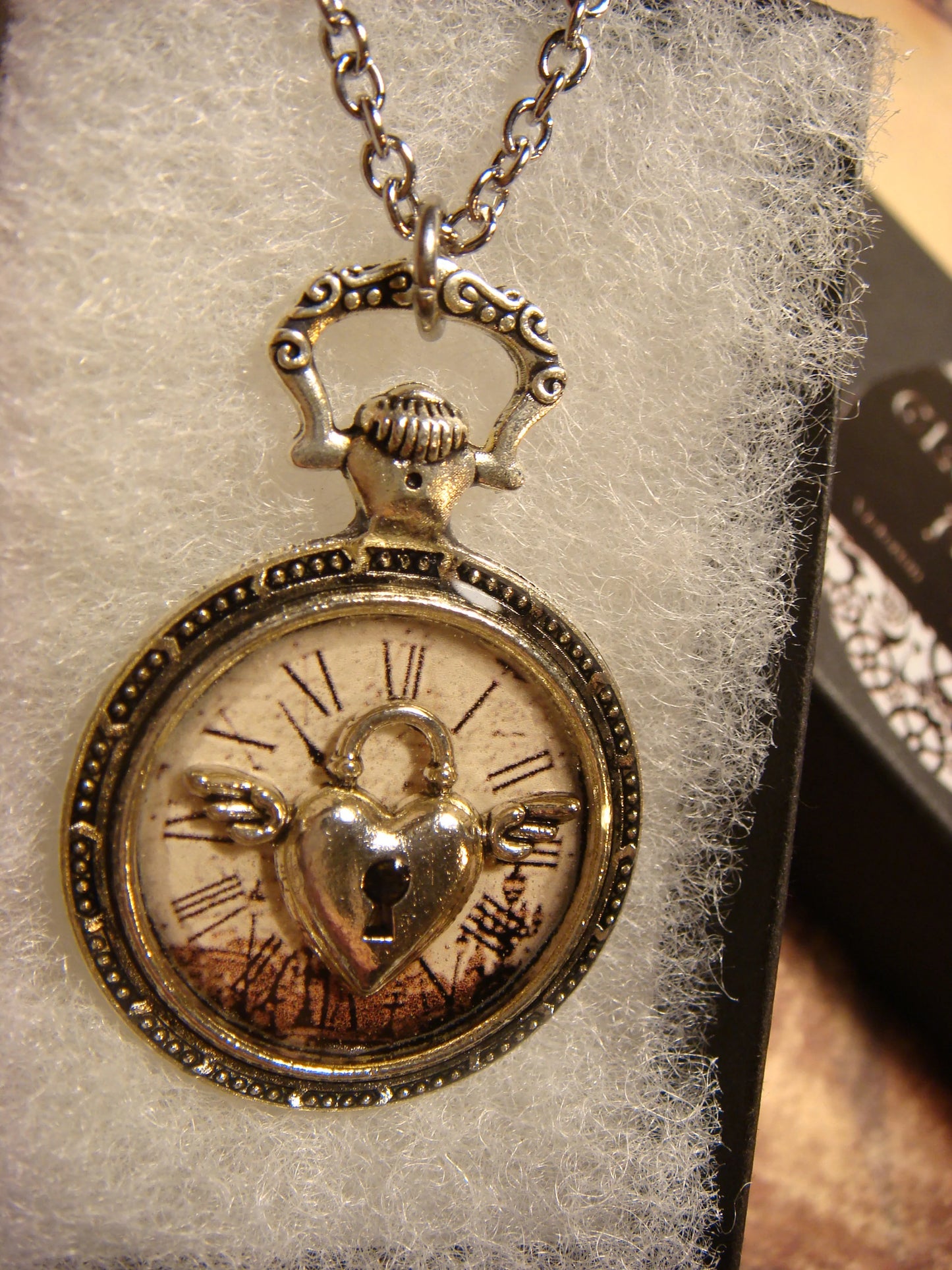 Winged Heart Lock over Victorian Clock Pocket Watch Pendant Necklace