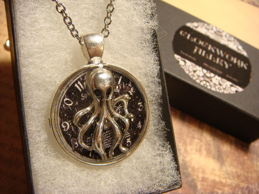 Octopus Kraken over Clock Pendant Necklace
