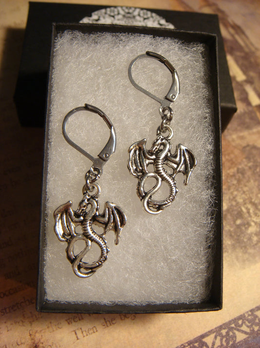 Dragon Dangle Earrings in Antique Silver