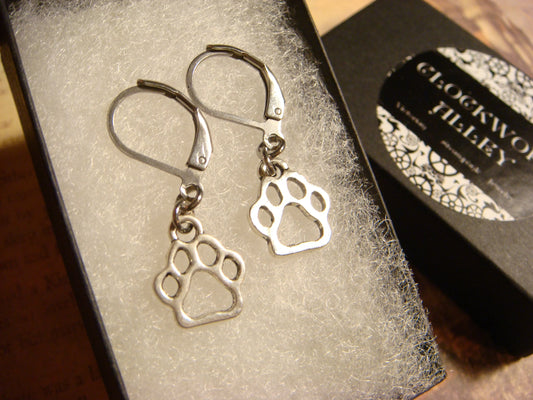 Paw Dangle Earrings in Antique Silver