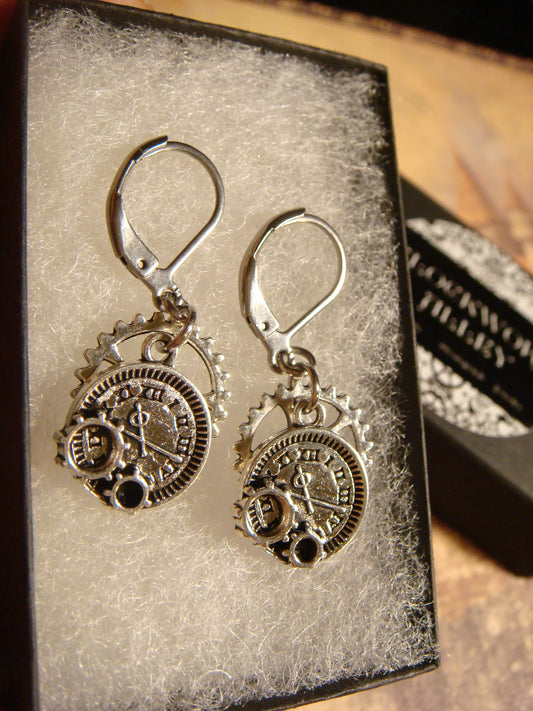 Pocket Watch and Gear Dangle Earrings in Antique Silver