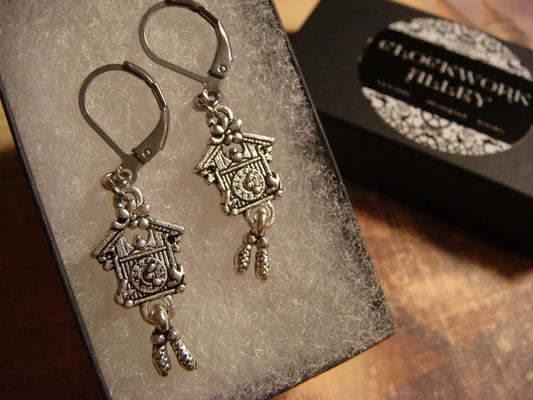 Cuckoo Clock Dangle Earrings in Antique Silver