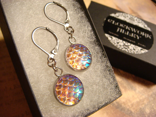 Iridescent Pink Scales Stainless Steel Dangle Earrings