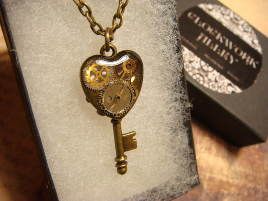 Clockwork Heart Key Necklace in Antique Bronze