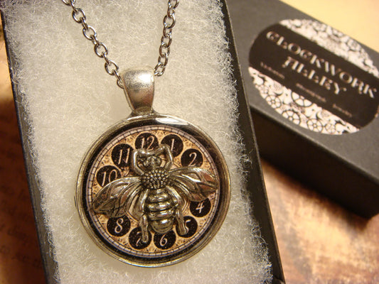 Bee over Clock Pendant Necklace