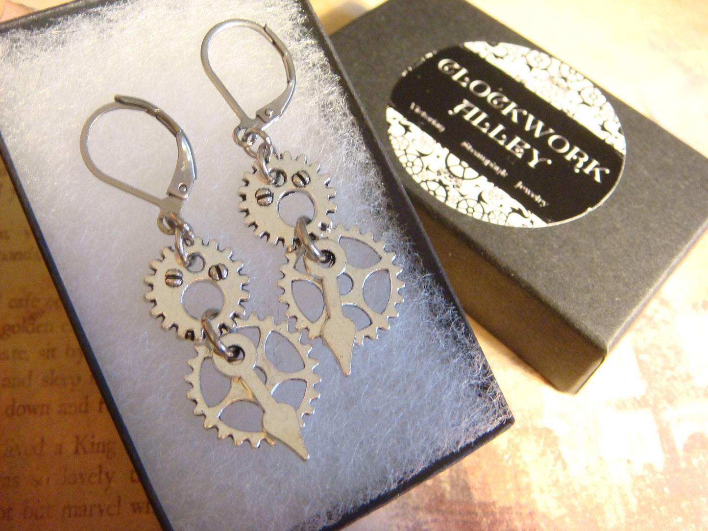 Gears and Watch Hands Dangle Earrings in Antique Silver