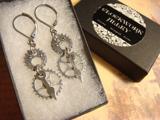 Gears and Watch Hands Dangle Earrings in Antique Silver