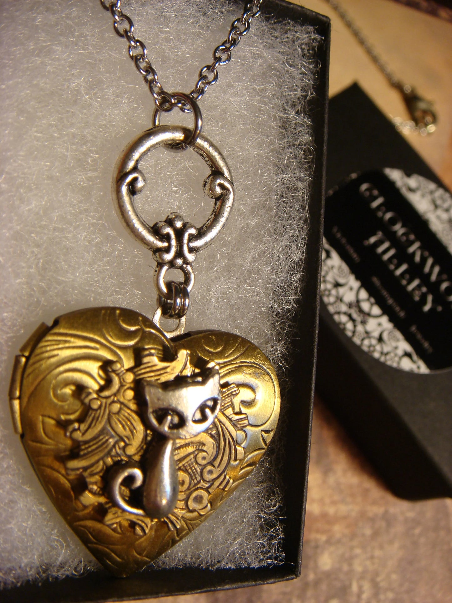 Cat Heart Locket Necklace in Antique Silver and Bronze