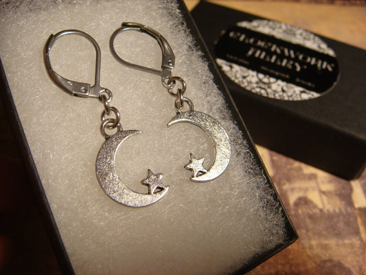 Moon and Star Dangle Earrings in Antique Silver