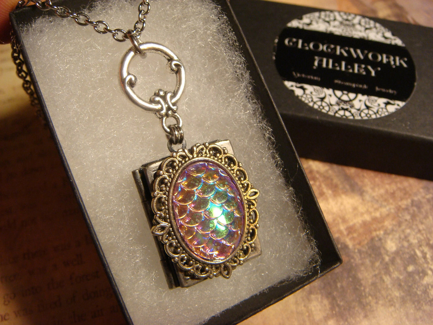 Iridescent Pink Scales Ornate Book Locket Necklace