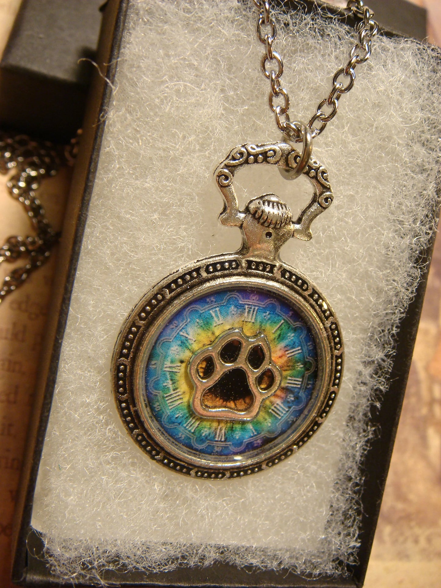 Paw over Colorful Clock Pocket Watch Pendant Necklace