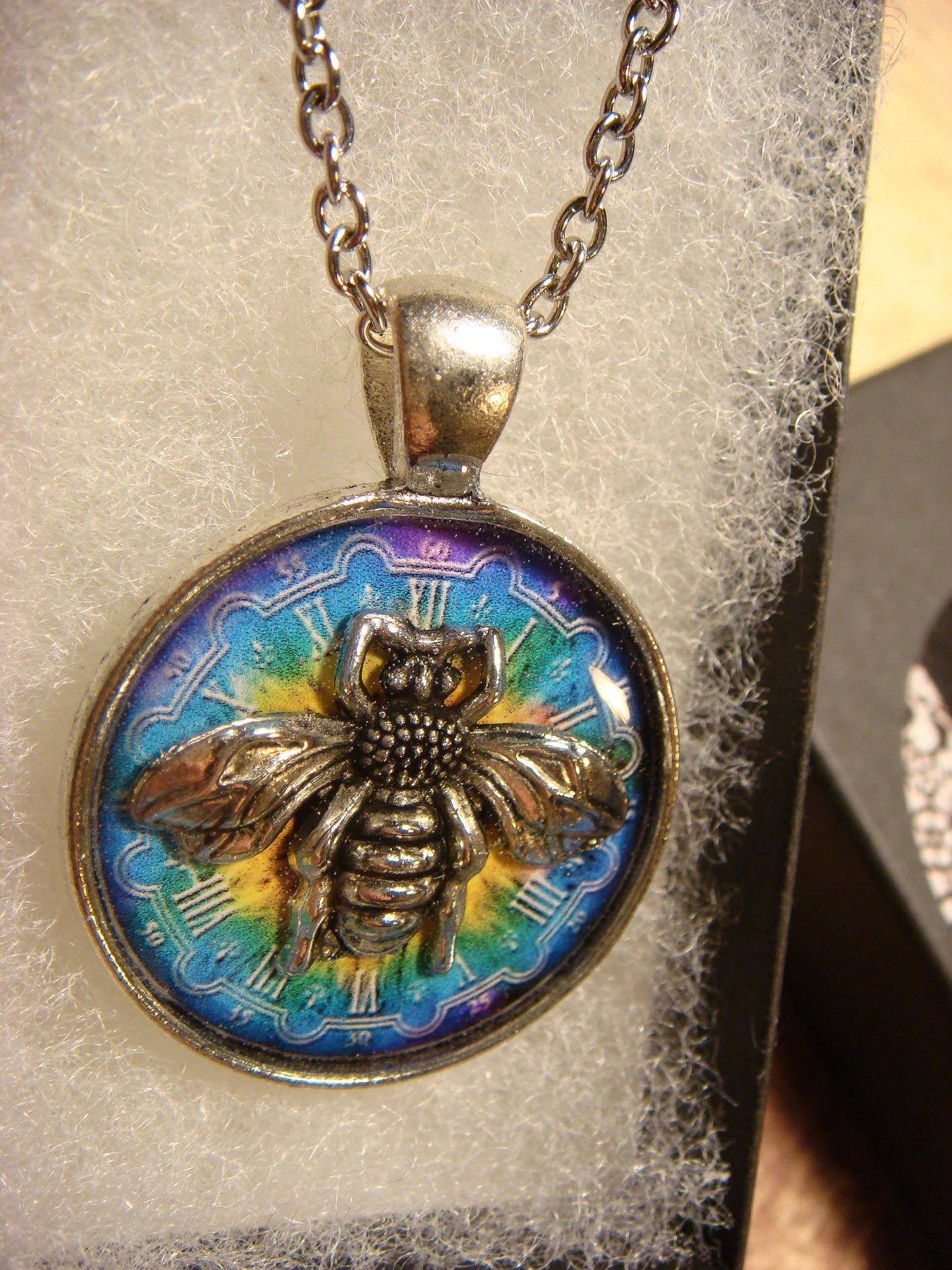 Bee over Colorful Clock Pendant Necklace