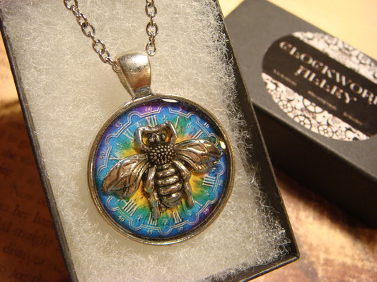 Bee over Colorful Clock Pendant Necklace