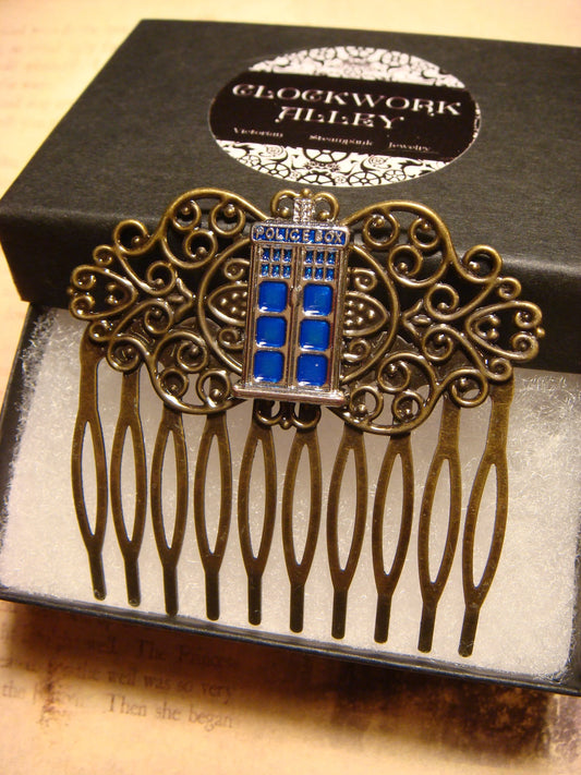 Police Box Hair Comb in Antique Bronze