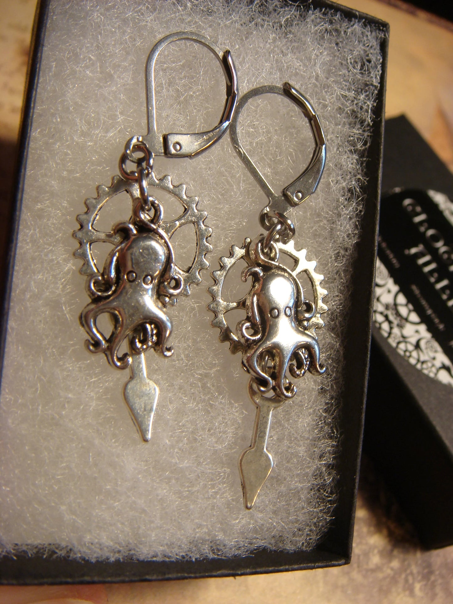 Octopus and Gear Dangle Earrings in Antique Silver