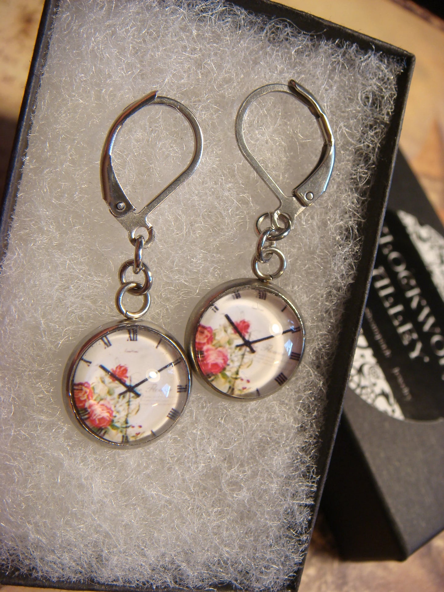 Floral Clock Image Stainless Steel Dangle Earrings