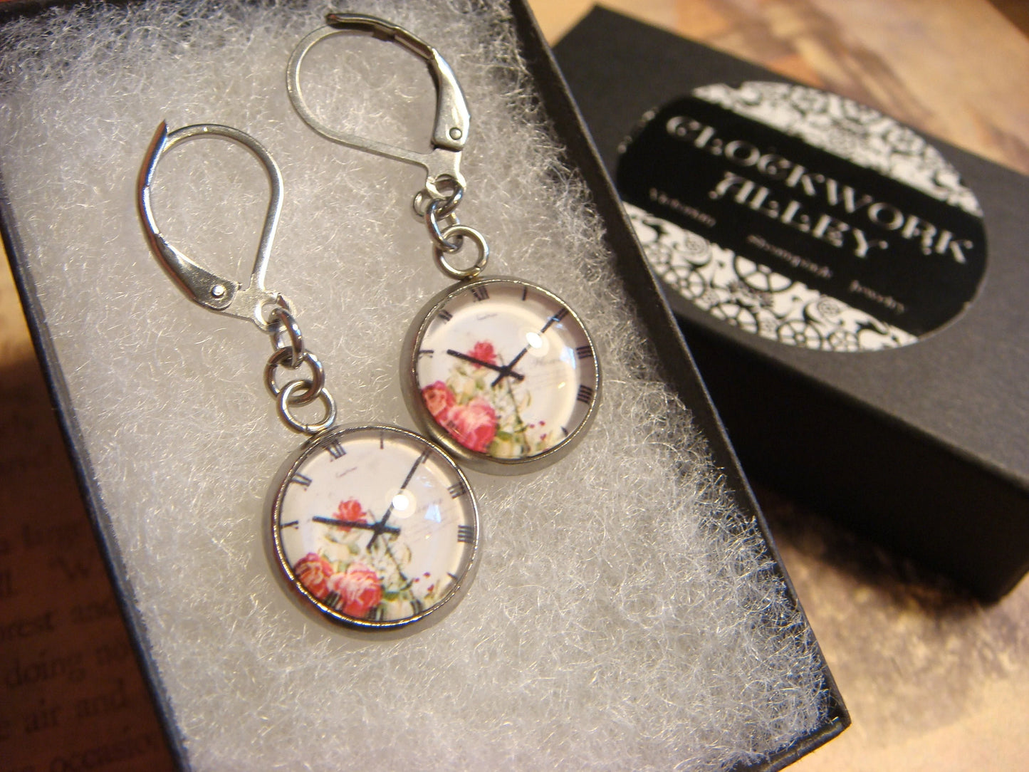 Floral Clock Image Stainless Steel Dangle Earrings