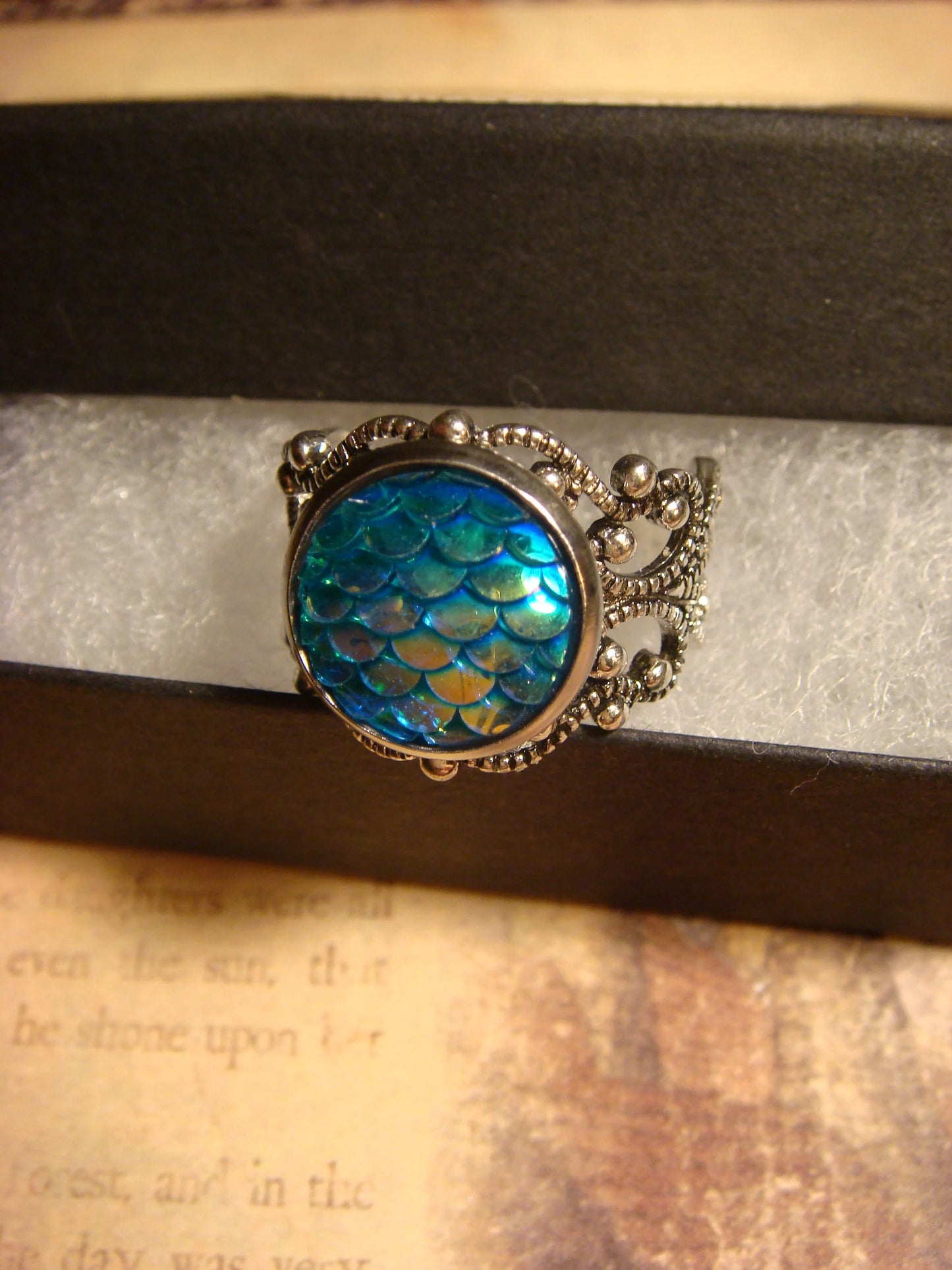 Iridescent Blue Scales Filigree Ring in Antique Silver - Adjustable