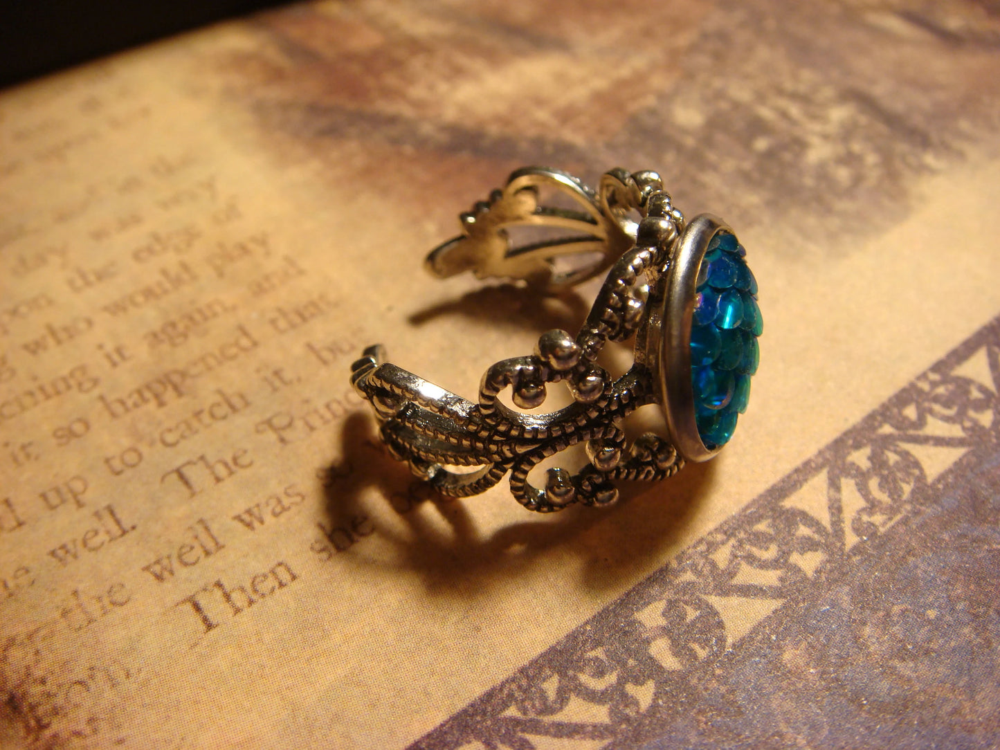 Iridescent Blue Scales Filigree Ring in Antique Silver - Adjustable