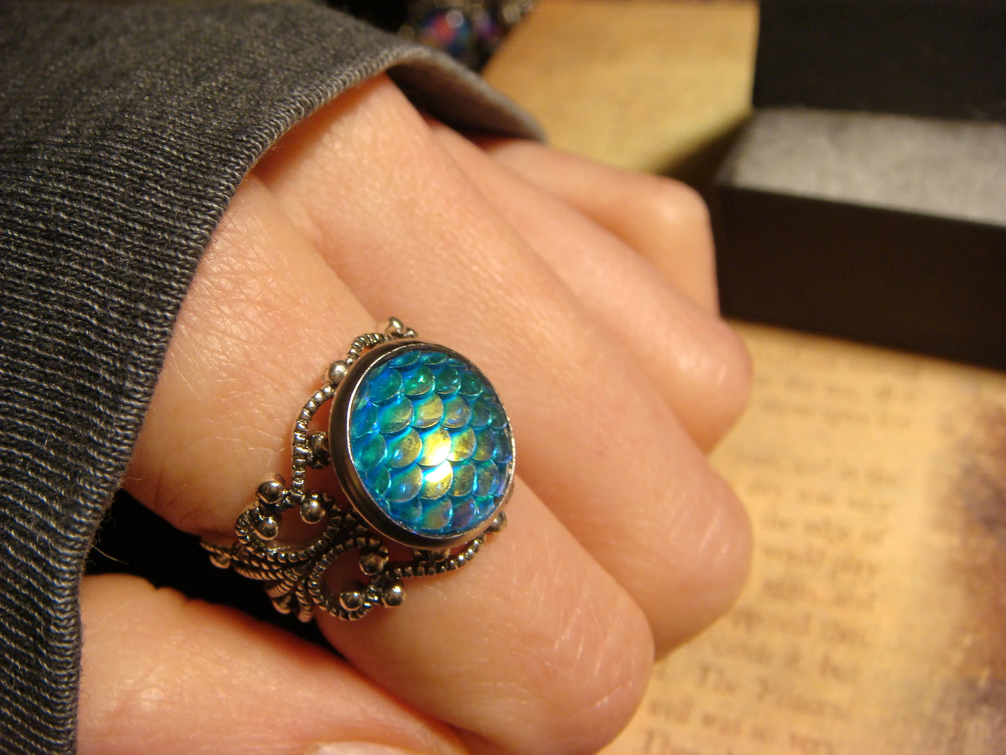 Iridescent Blue Scales Filigree Ring in Antique Silver - Adjustable