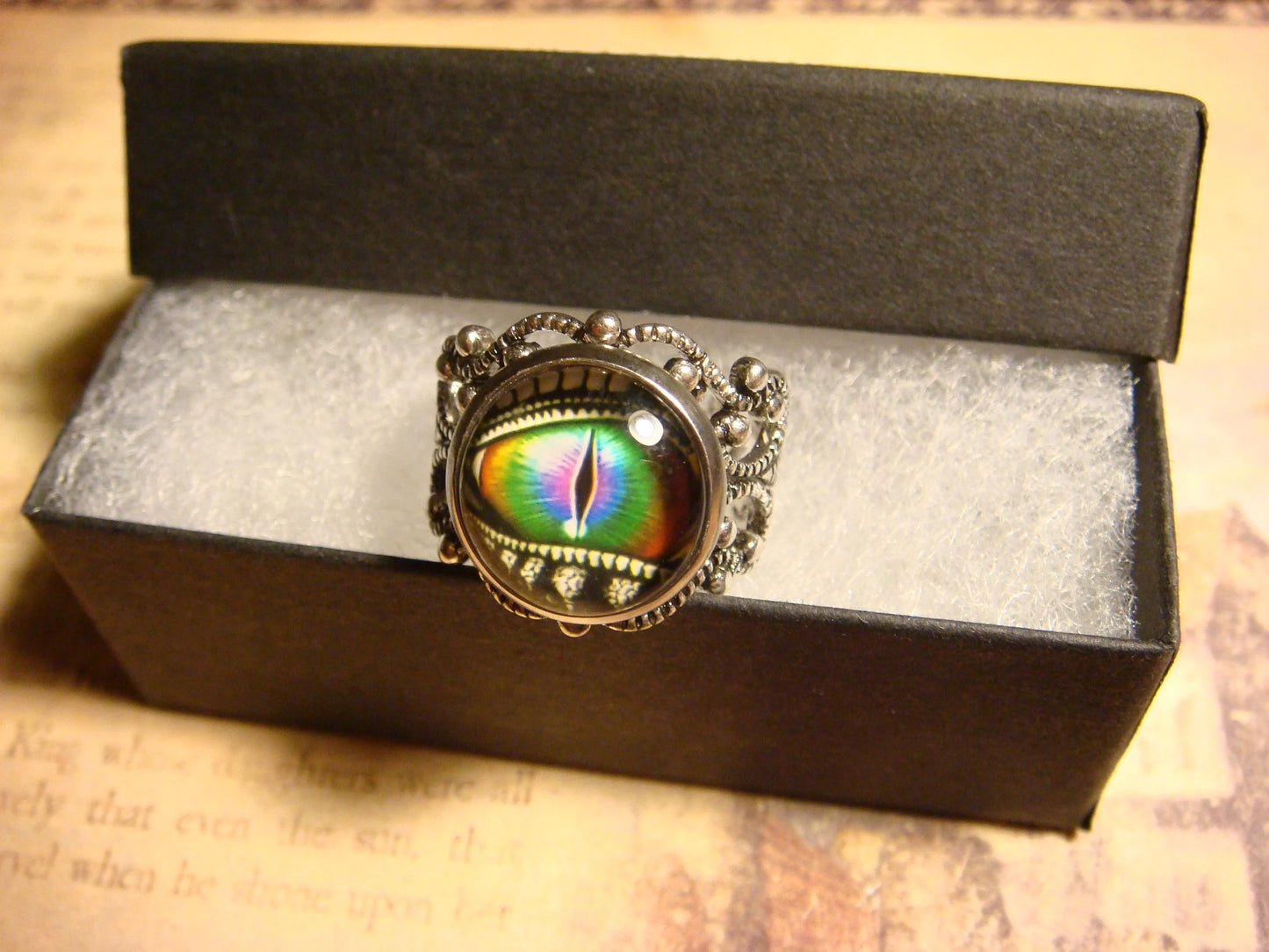 Dragon Eye Image Filigree Ring in Antique Silver - Adjustable