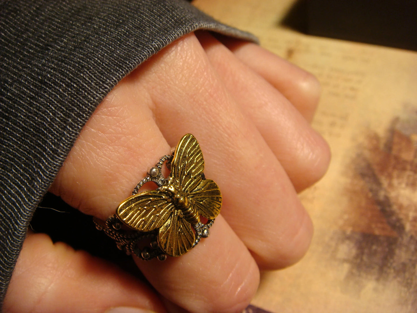 Butterfly Filigree Ring in Antique Silver - Adjustable