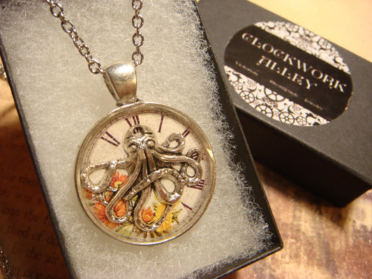 Octopus over Floral Clock over Map Pendant Necklace