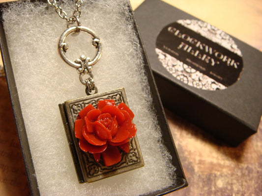 Red Rose Book Locket Necklace