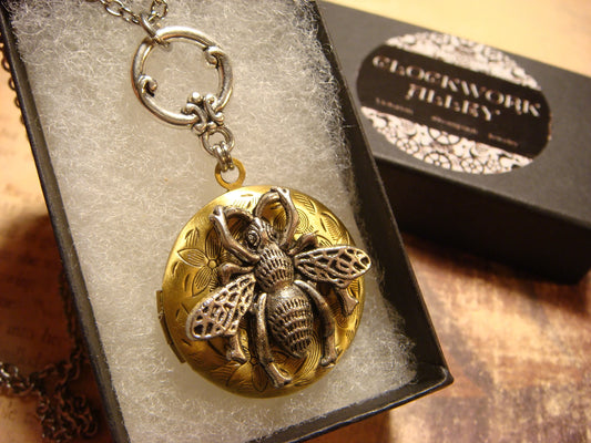 Bee Locket Necklace in Antique Silver and Bronze