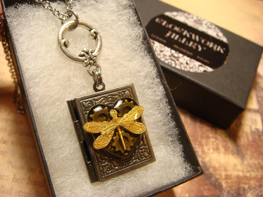 Dragonfly Gears Heart Book Locket Necklace