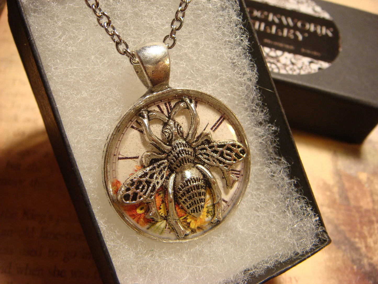 Bee over Floral Clock Pendant Necklace