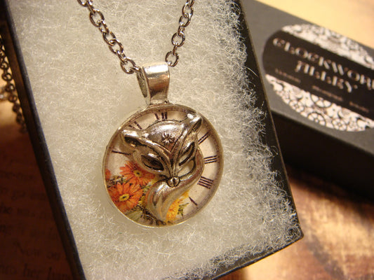 Fox over Floral Clock Small Pendant Necklace