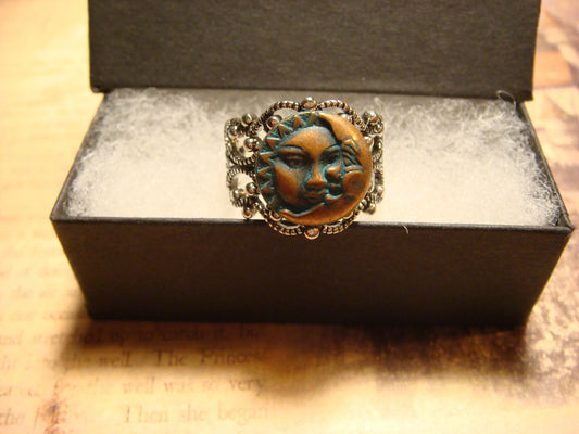 Patina Sun and Moon Filigree Ring in Antique Silver - Adjustable