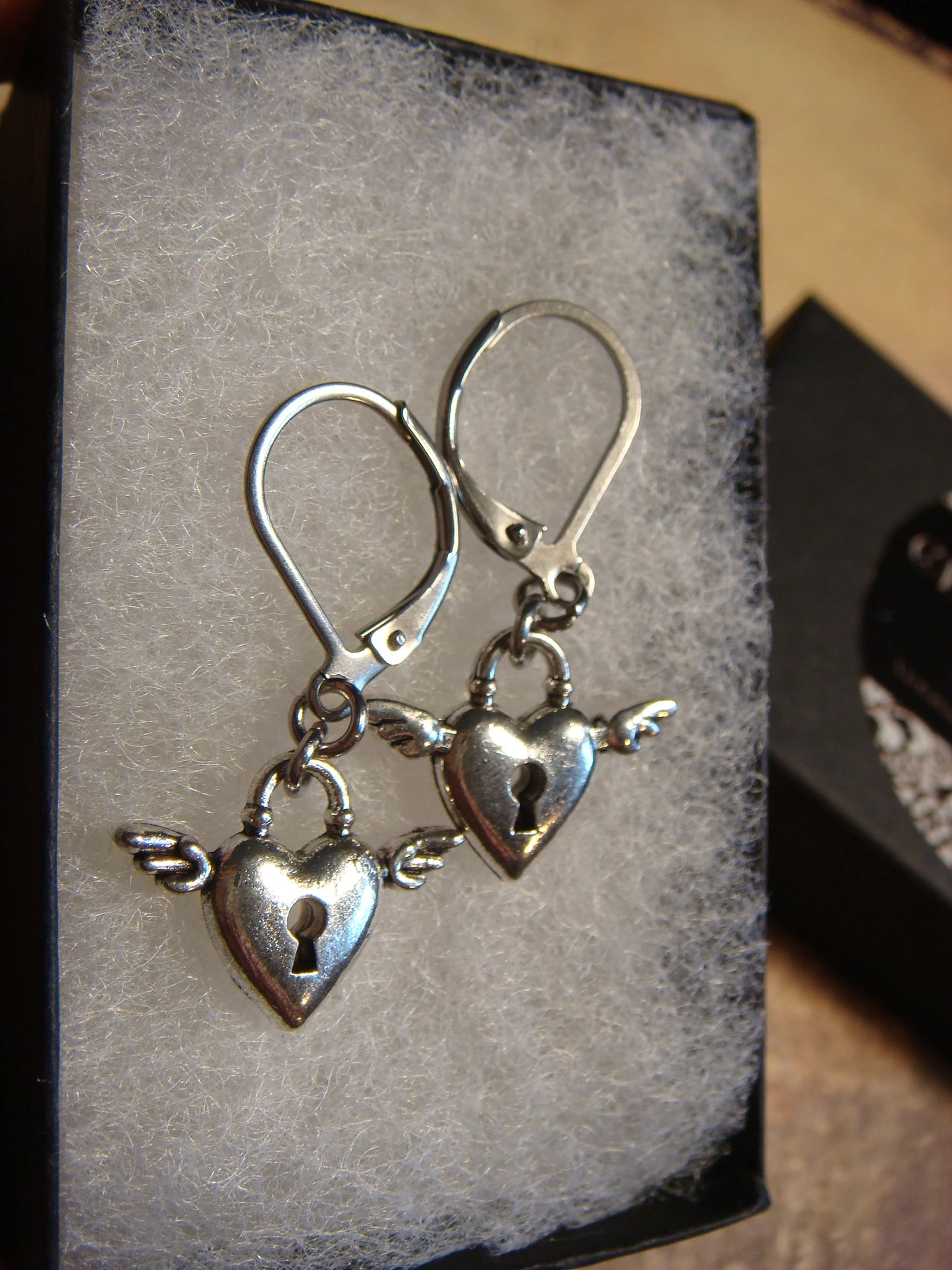 Winged Heart Lock Dangle Earrings in Antique Silver