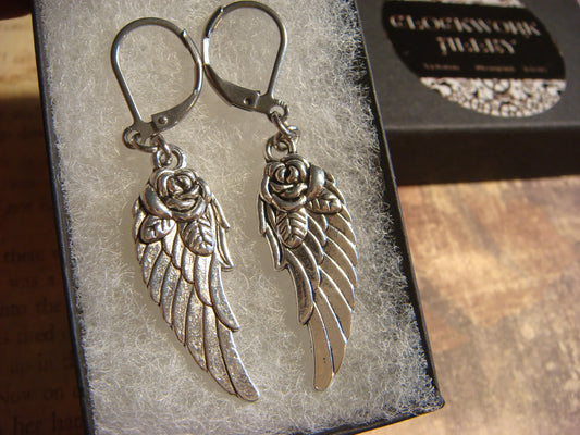 Wings Rose Dangle Earrings in Antique Silver