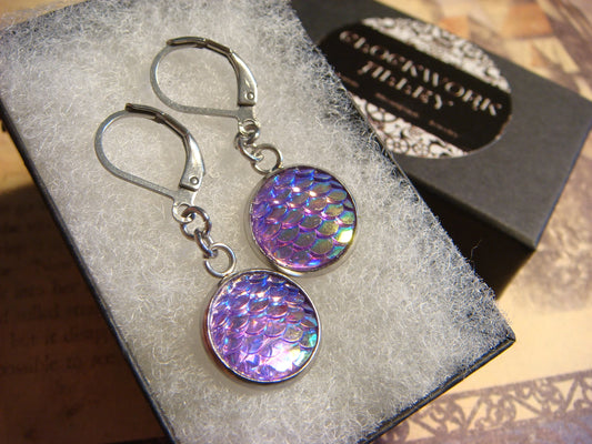 Iridescent Purple Scales Stainless Steel Dangle Earrings